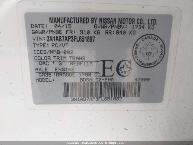 Aukcja sprzedaży 2015 Nissan Sentra 1.8 S/1.8 Sl/1.8 Sr/1.8 Sv, vin: 3N1AB7AP3FL651897, numer aukcji: 12630603