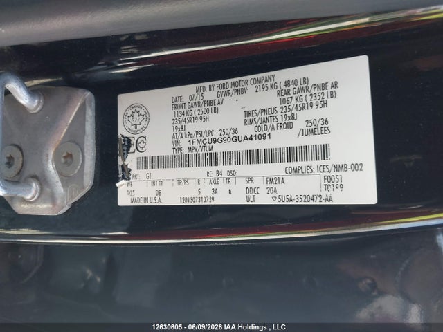 12630605 :رقم المزاد ، 1FMCU9G90GUA41091 vin ، 2016 Ford Escape Se مزاد بيع