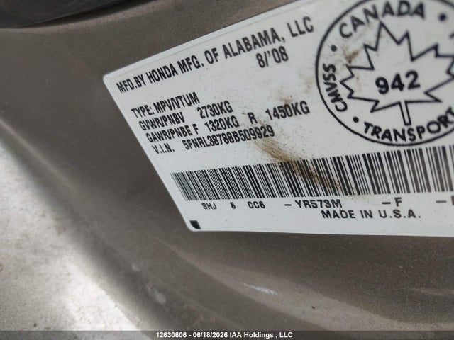 2008 Honda Odyssey მანქანა იყიდება აუქციონზე, vin: 5FNRL38788B509929, აუქციონის ნომერი: 12630606