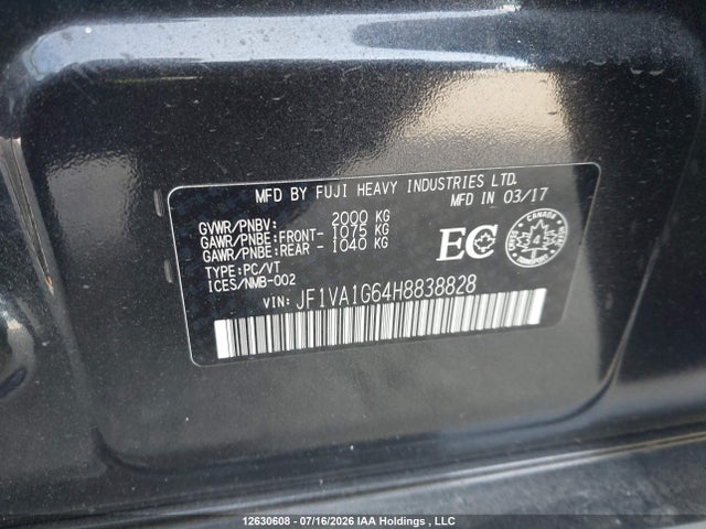 Продаж на аукціоні авто 2017 Subaru Wrx Limited, vin: JF1VA1G64H8838828, номер лоту: 12630608