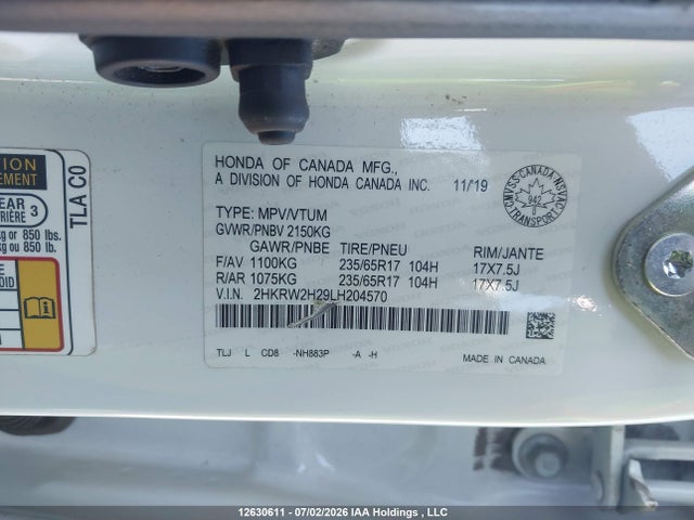 2020 Honda Cr-v მანქანა იყიდება აუქციონზე, vin: 2HKRW2H29LH204570, აუქციონის ნომერი: 12630611