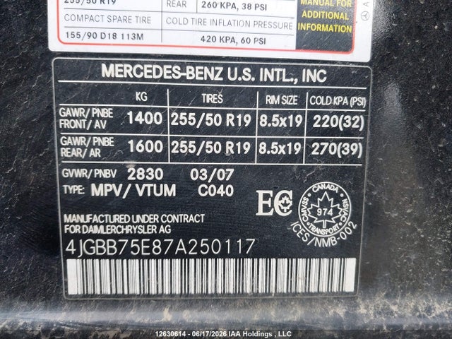 2007 Mercedes-benz Ml-class მანქანა იყიდება აუქციონზე, vin: 4JGBB75E87A250117, აუქციონის ნომერი: 12630614