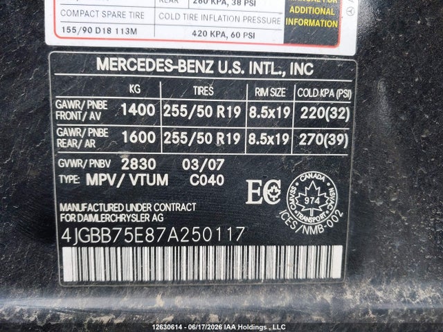 2007 Mercedes-benz Ml-class მანქანა იყიდება აუქციონზე, vin: 4JGBB75E87A250117, აუქციონის ნომერი: 12630614