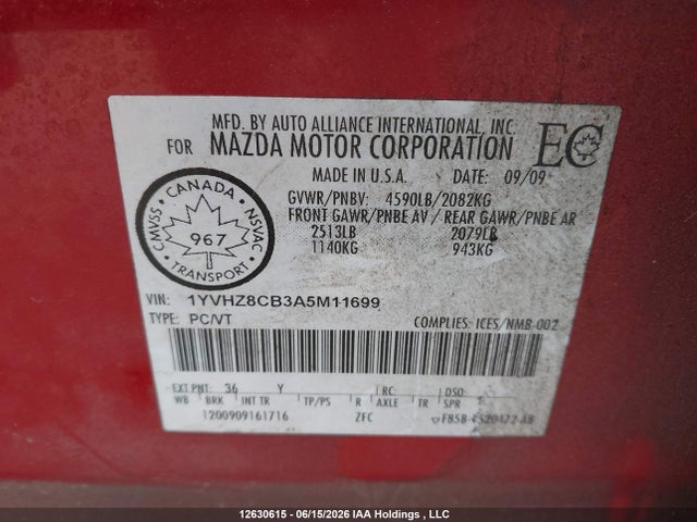 12630615 :رقم المزاد ، 1YVHZ8CB3A5M11699 vin ، 2010 Mazda Mazda6 مزاد بيع
