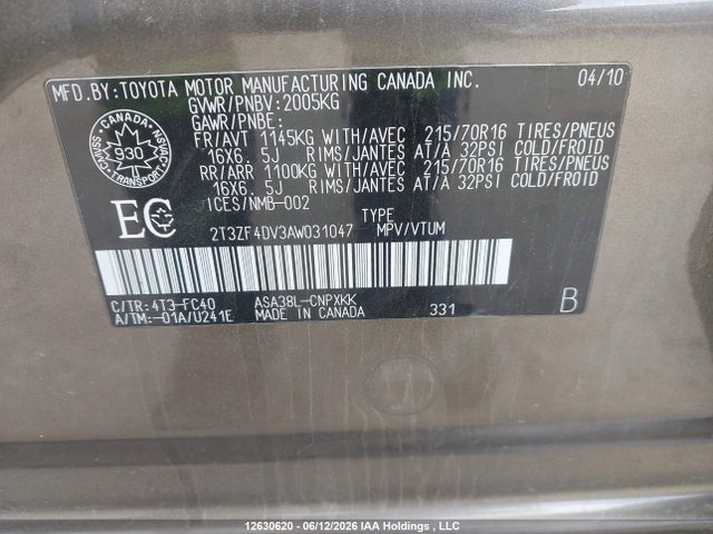2010 Toyota Rav4 მანქანა იყიდება აუქციონზე, vin: 2T3ZF4DV3AW031047, აუქციონის ნომერი: 12630620