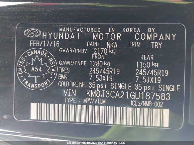Продажа на аукционе авто 2016 Hyundai Tucson Limited, vin: KM8J3CA21GU187583, номер лота: 12630623