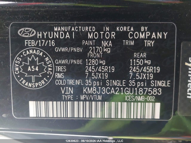 Продажа на аукционе авто 2016 Hyundai Tucson Limited, vin: KM8J3CA21GU187583, номер лота: 12630623