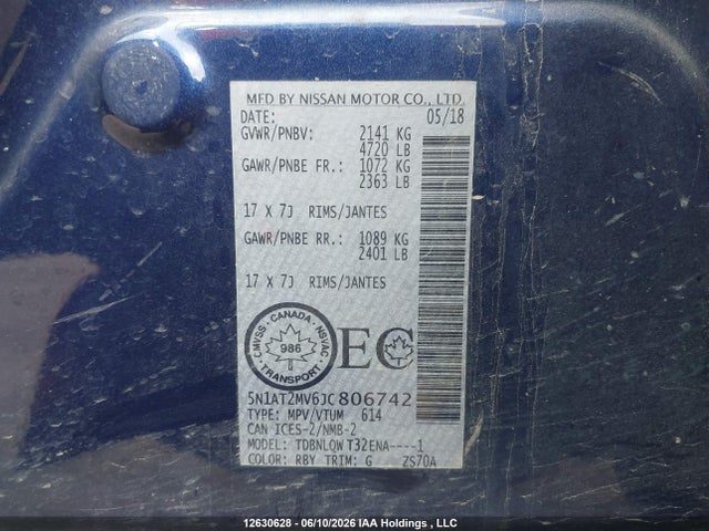 12630628 :رقم المزاد ، 5N1AT2MV6JC806742 vin ، 2018 Nissan Rogue Sv/sl مزاد بيع