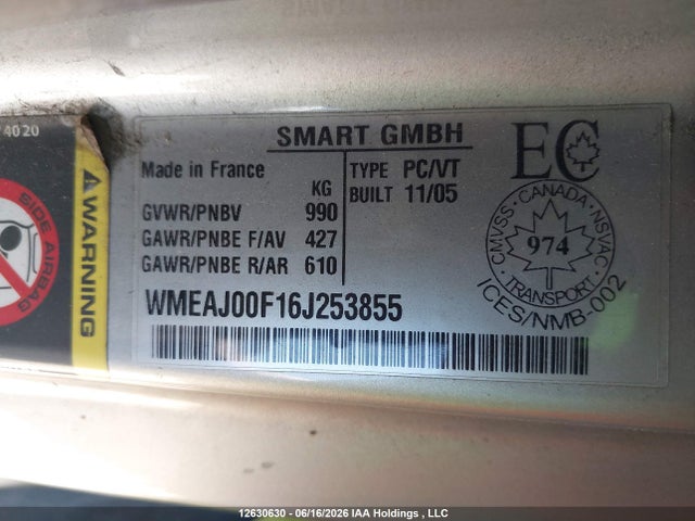 Aukcja sprzedaży 2006 Smart Fortwo Passion/pulse/pure, vin: WMEAJ00F16J253855, numer aukcji: 12630630