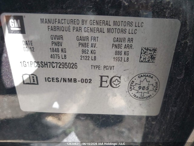 Продажа на аукционе авто 2012 Chevrolet Cruze Ls, vin: 1G1PC5SH7C7295026, номер лота: 12630631