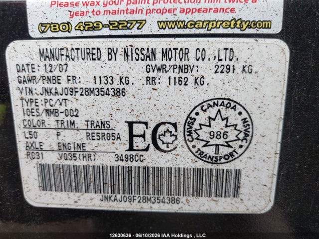 12630636 :رقم المزاد ، JNKAJ09F28M354386 vin ، 2008 Infiniti Ex35 Journey مزاد بيع