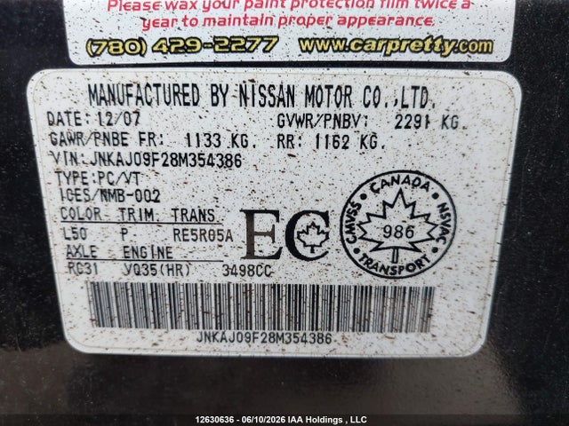 12630636 :رقم المزاد ، JNKAJ09F28M354386 vin ، 2008 Infiniti Ex35 Journey مزاد بيع