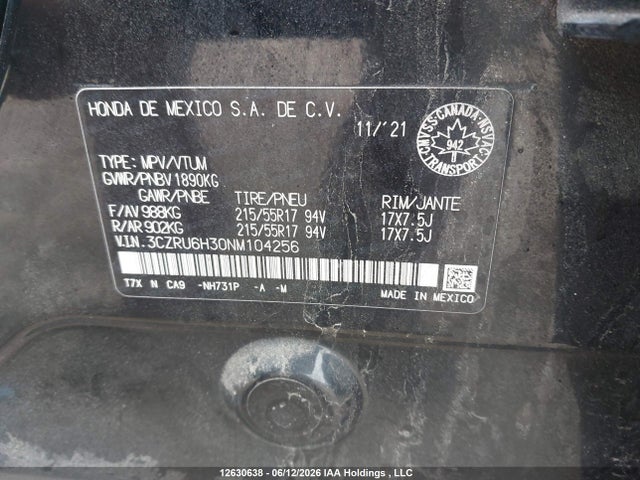 2022 Honda Hr-v Lx მანქანა იყიდება აუქციონზე, vin: 3CZRU6H30NM104256, აუქციონის ნომერი: 12630638