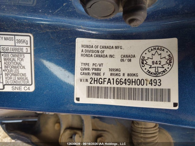 2009 Honda Civic Lx-s მანქანა იყიდება აუქციონზე, vin: 2HGFA16649H001493, აუქციონის ნომერი: 12630639