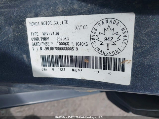 12619994 :رقم المزاد ، JHLRD78866C800519 vin ، 2006 Honda Cr-v Ex مزاد بيع