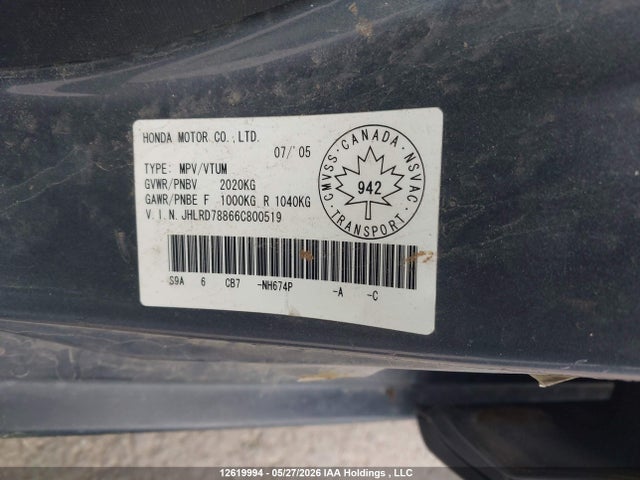 12619994 :رقم المزاد ، JHLRD78866C800519 vin ، 2006 Honda Cr-v Ex مزاد بيع