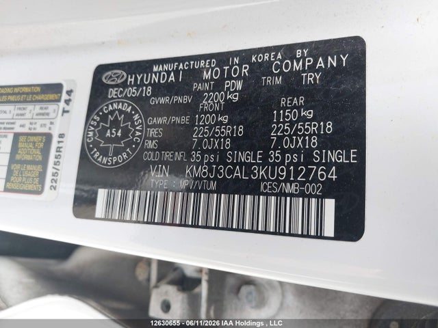 12630655 :رقم المزاد ، KM8J3CAL3KU912764 vin ، 2019 Hyundai Tucson Limited/sel/sport/ultimate/value/night مزاد بيع