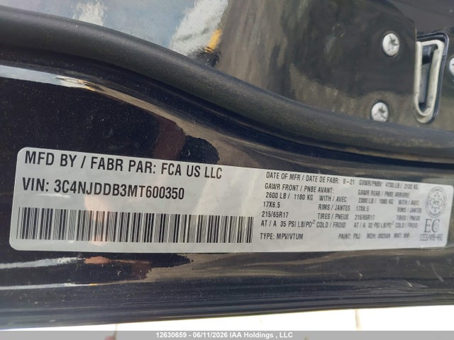 12630659 :رقم المزاد ، 3C4NJDDB3MT600350 vin ، 2021 Jeep Compass Trailhawk مزاد بيع