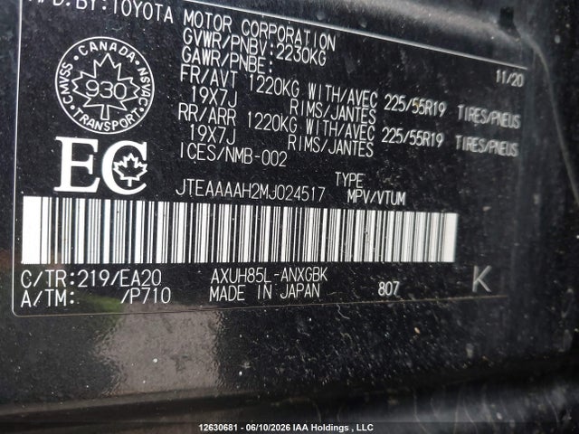 12630681 :رقم المزاد ، JTEAAAAH2MJ024517 vin ، 2021 Toyota Venza Le/xle/limited مزاد بيع