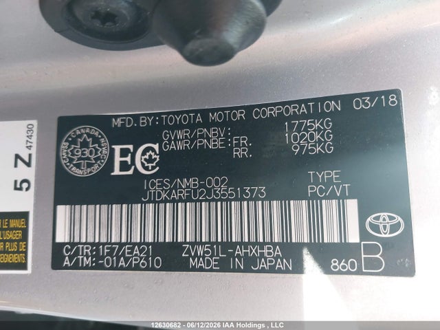 Продажа на аукционе авто 2018 Toyota Prius, vin: JTDKARFU2J3551373, номер лота: 12630682