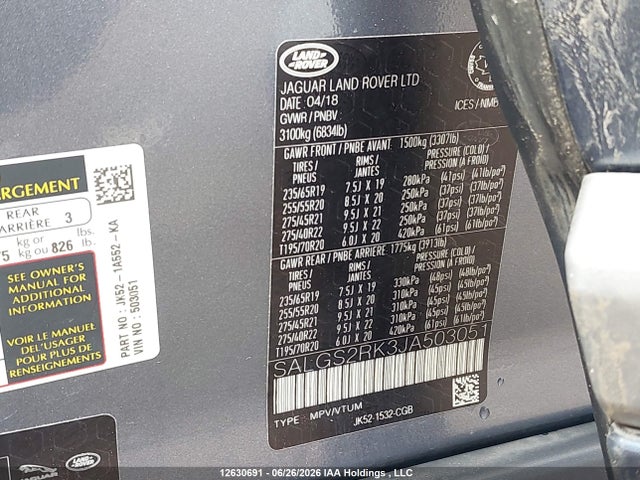Aukcja sprzedaży 2018 Land Rover Range Rover Diesel Td6 Hse, vin: SALGS2RK3JA503051, numer aukcji: 12630691