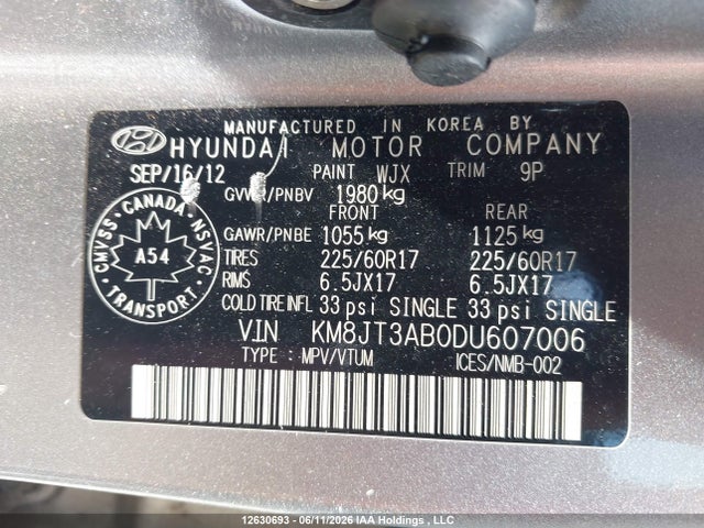 2013 Hyundai Tucson L მანქანა იყიდება აუქციონზე, vin: KM8JT3AB0DU607006, აუქციონის ნომერი: 12630693