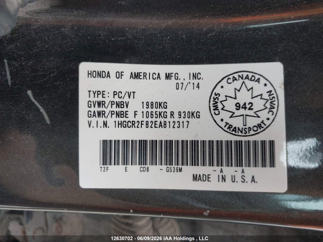 Продаж на аукціоні авто 2014 Honda Accord Exl, vin: 1HGCR2F82EA812317, номер лоту: 12630702