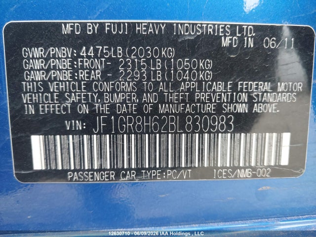 Продаж на аукціоні авто 2011 Subaru Impreza Wrx Sti, vin: JF1GR8H62BL830983, номер лоту: 12630710