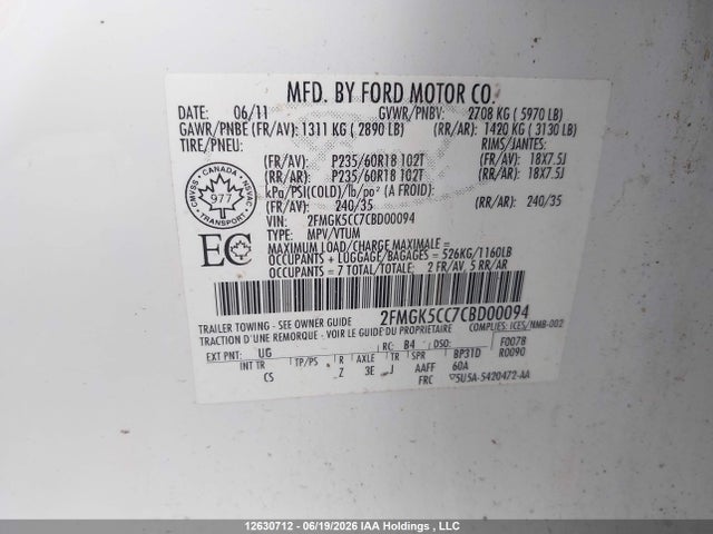 12630712 :رقم المزاد ، 2FMGK5CC7CBD00094 vin ، 2012 Ford Flex Sel مزاد بيع