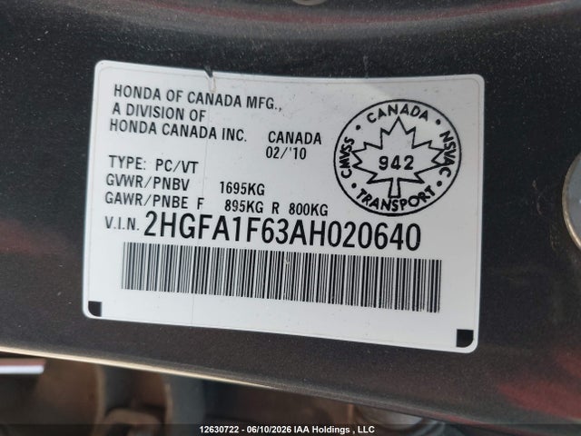 2010 Honda Civic Sport მანქანა იყიდება აუქციონზე, vin: 2HGFA1F63AH020640, აუქციონის ნომერი: 12630722