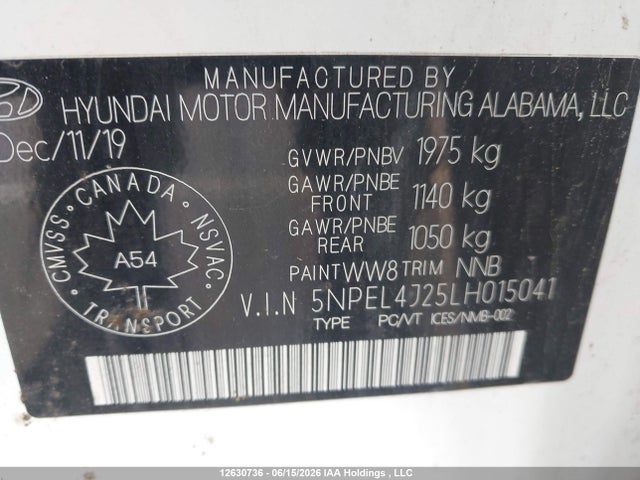 Продаж на аукціоні авто 2020 Hyundai Sonata Sel, vin: 5NPEL4J25LH015041, номер лоту: 12630736