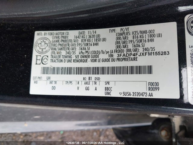 12630738 :رقم المزاد ، 3FADP4FJXFM155283 vin ، 2015 Ford Fiesta Titanium مزاد بيع