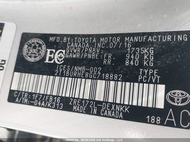12630744 :رقم المزاد ، 2T1BURHE8GC718882 vin ، 2016 Toyota Corolla Le مزاد بيع