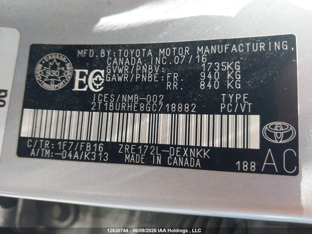 12630744 :رقم المزاد ، 2T1BURHE8GC718882 vin ، 2016 Toyota Corolla Le مزاد بيع
