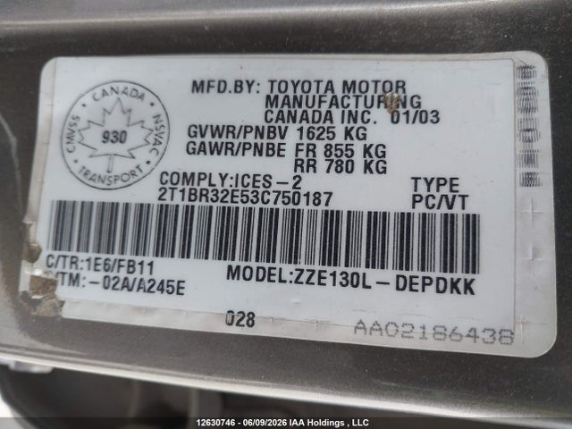 12630746 :رقم المزاد ، 2T1BR32E53C750187 vin ، 2003 Toyota Corolla Ce/le/s مزاد بيع