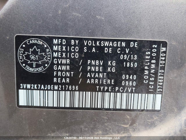 12630750 :رقم المزاد ، 3VW2K7AJ0EM217696 vin ، 2014 Volkswagen Jetta 2.0l Trendline+ مزاد بيع