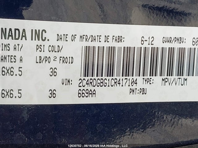 Продаж на аукціоні авто 2012 Dodge Grand Caravan Se, vin: 2C4RDGBG1CR417104, номер лоту: 12630752