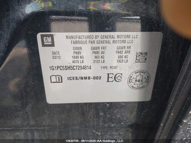 12630755 :رقم المزاد ، 1G1PC5SH5C7294814 vin ، 2012 Chevrolet Cruze Ls مزاد بيع