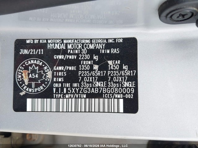 Продаж на аукціоні авто 2011 Hyundai Santa Fe Gls, vin: 5XYZG3AB7BG080009, номер лоту: 12630762