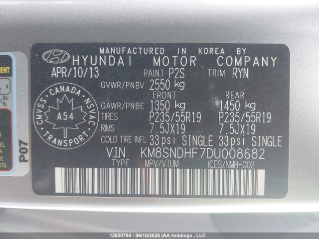 12630764 :رقم المزاد ، KM8SNDHF7DU008682 vin ، 2013 Hyundai Santa Fe Xl Limited مزاد بيع