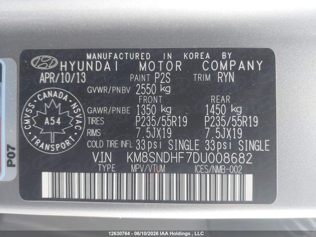 12630764 :رقم المزاد ، KM8SNDHF7DU008682 vin ، 2013 Hyundai Santa Fe Xl Limited مزاد بيع
