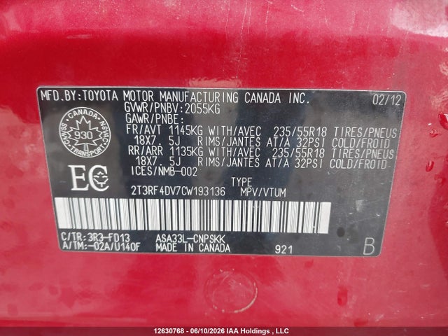 12630768 :رقم المزاد ، 2T3RF4DV7CW193136 vin ، 2012 Toyota Rav4 Sport مزاد بيع