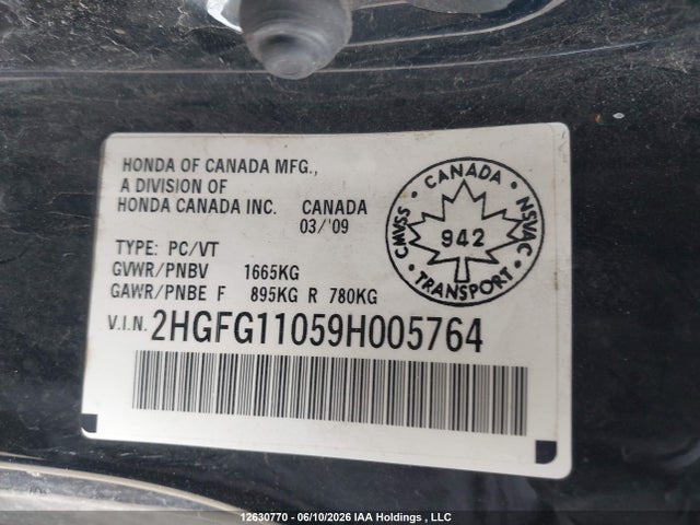 Aukcja sprzedaży 2009 Honda Civic Exl, vin: 2HGFG11059H005764, numer aukcji: 12630770