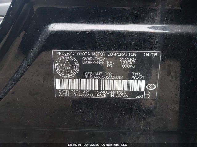 Продаж на аукціоні авто 2008 Lexus Es 350 350, vin: JTHBJ46G582238751, номер лоту: 12630780