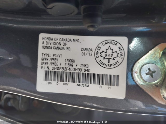Aukcja sprzedaży 2013 Honda Civic Lx, vin: 2HGFB2F40DH001940, numer aukcji: 12630781