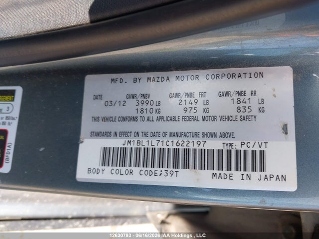 12630793 :رقم المزاد ، JM1BL1L71C1622197 vin ، 2012 Mazda Mazda3 Gs-sky مزاد بيع