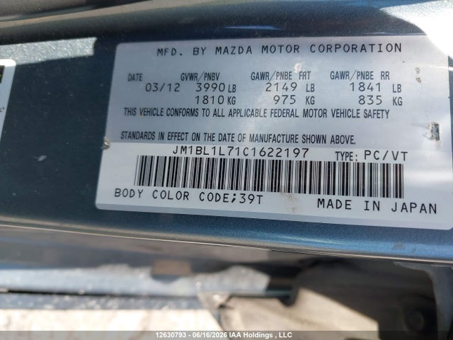 12630793 :رقم المزاد ، JM1BL1L71C1622197 vin ، 2012 Mazda Mazda3 Gs-sky مزاد بيع