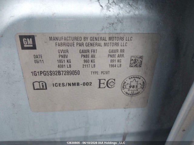 Продаж на аукціоні авто 2011 Chevrolet Cruze Lt, vin: 1G1PG5S92B7289050, номер лоту: 12630805