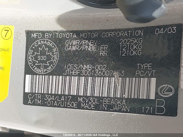 Aukcja sprzedaży 2003 Lexus Es 300, vin: JTHBF30G136007853, numer aukcji: 12630814