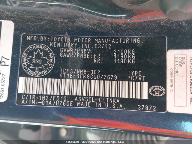 Aukcja sprzedaży 2012 Toyota Camry Le, vin: 4T1BF1FK8CU077679, numer aukcji: 12615680